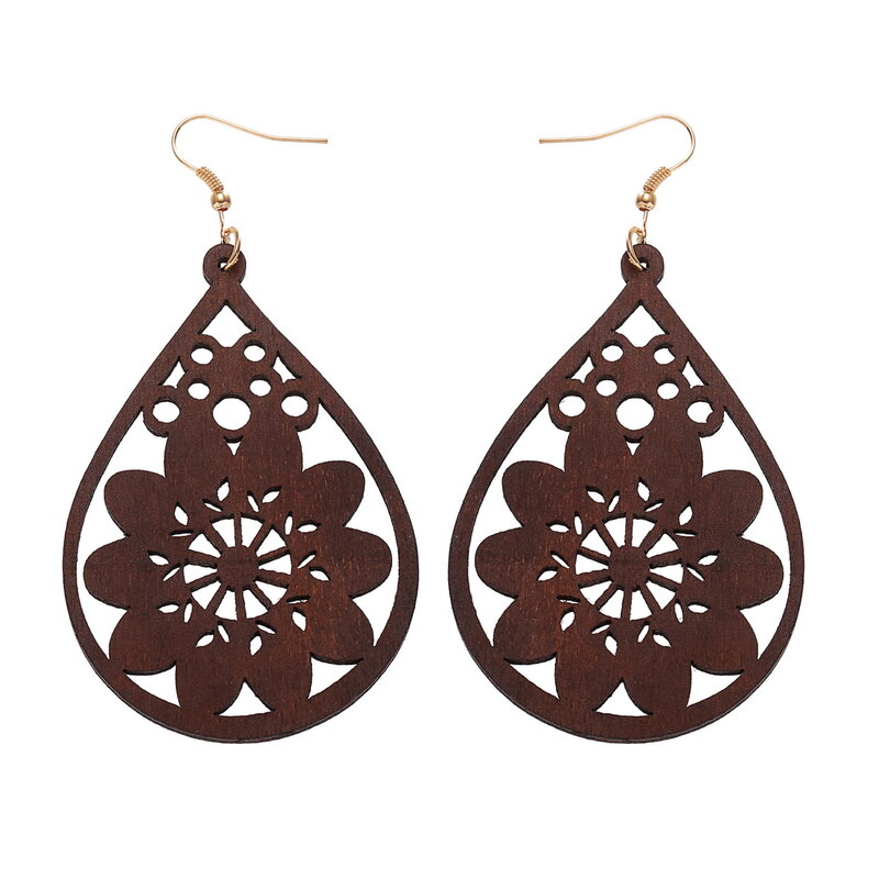 YULUCH Wooden Water Drops Cutout Hot Wheel Flower Pendant Earrings for Fashion African Woman Jewelry Girl Gifts