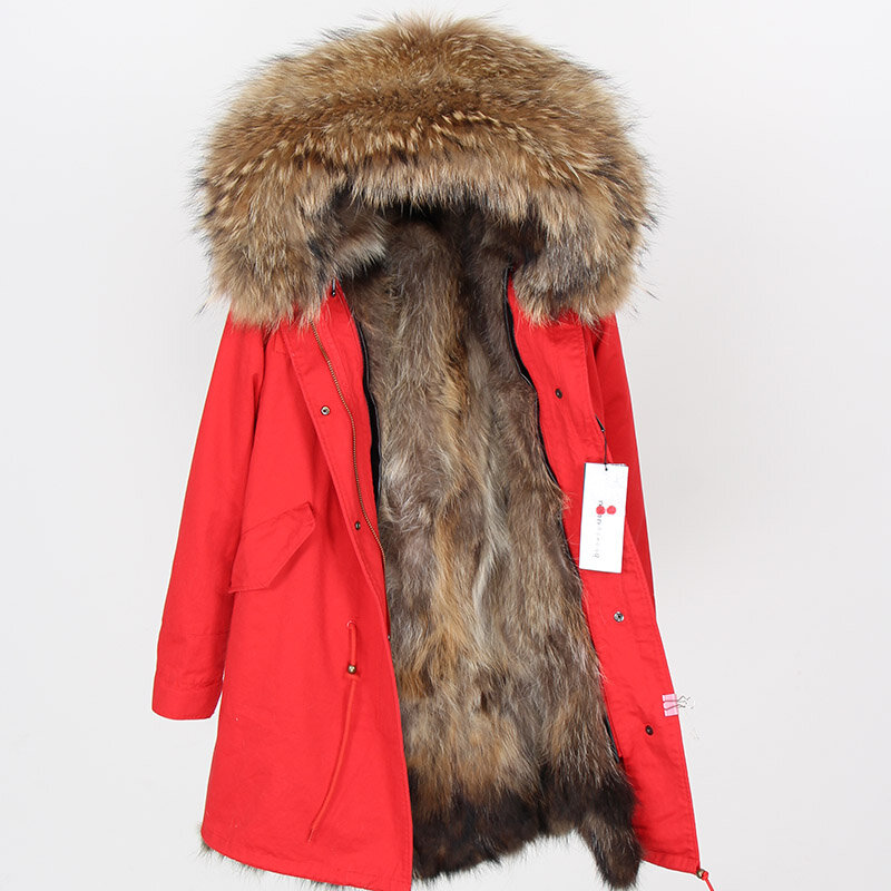 Maomaokong-女性用の本物のキツネの毛皮のコート,長くてルーズな冬の毛皮のジャケット,アライグマの襟,厚くて暖かい,デタカラフ