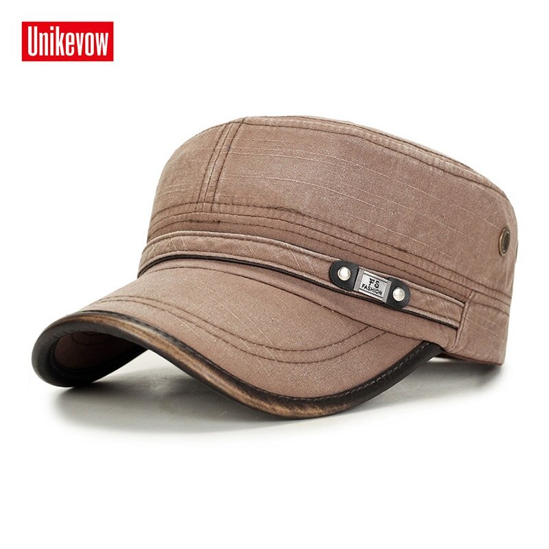Кепка UNIKEVOW в стиле милитари для мужчин, винтажная шапка из 100% хлопка с плоским верхом, с козырьком из искусственной кожи, в стиле милитари