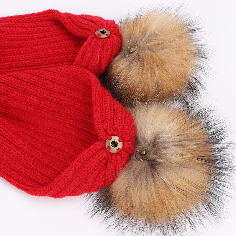 Bonnet en tricot pour enfants 2 pièces | Pompon en fourrure de raton laveur, lot d'hiver pour garçon et fille, écharpe de chapeau doux de marque, épais, laine pour enfants