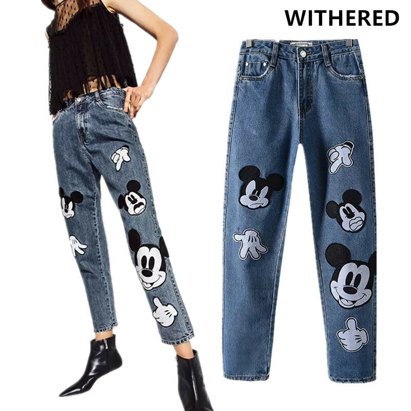 Withered mom jeans women england high street cartoon cute mouse patchwork loose softener harem denim pants women plus size