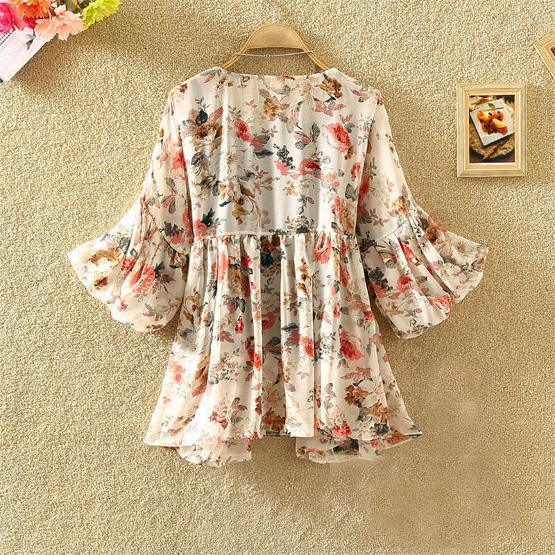 Blusa de chiffon com estampa floral feminina, decote em v, manga lanterna, babados, tops irregulares, plus size, casual, A1338