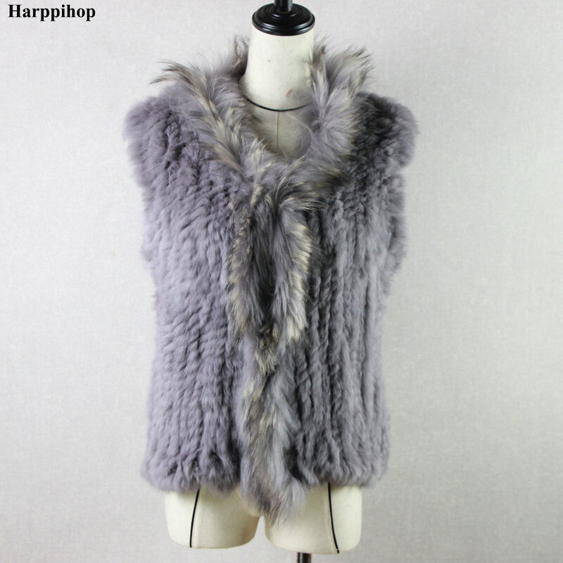 2023 novas Mulheres Genuine Natural Real coelho fur de Malha Coletes/Colete/gilet/casacos com Raccoon Fur colarinho colete 20 cores