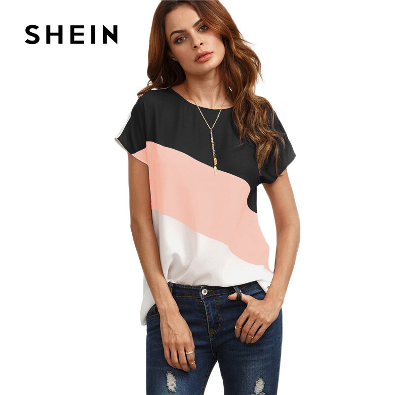 SHEIN Cut And Sew Patchwork Tops Color Block Casual Blouse 2017 Cap Sleeve Women Summer Tops Buttoned Closure Back Blouse