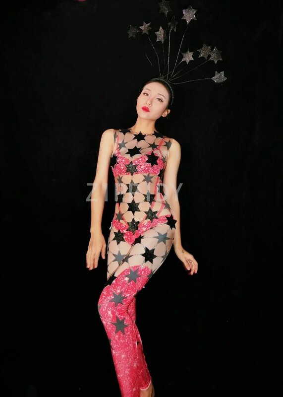 Fashion 2 Warna Bintang Berlian Imitasi Spandex Jumpsuit Tanpa Lengan Wanita Ulang Tahun Merayakan Stage Dance Wanita Penyanyi Acara Pakaian