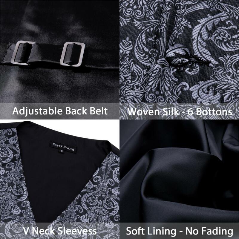 Designer Mens Classic สีดำ Paisley Jacquard Folral ผ้าไหม Waistcoat เสื้อกั๊กผ้าเช็ดหน้า Tie เสื้อกั๊ก Pocket Square ชุด Barry.Wang