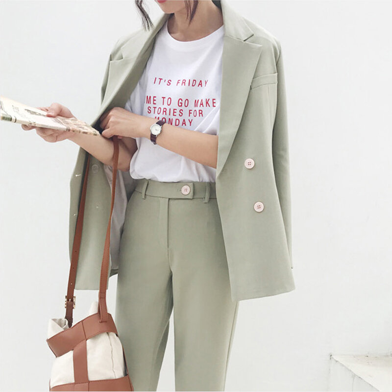 Vintage Zweireiher Frauen Pant Anzug Licht Grün Kerb Blazer Jacke & Hohe Taille Hose 2019 Frühling Büro Tragen Frauen anzüge