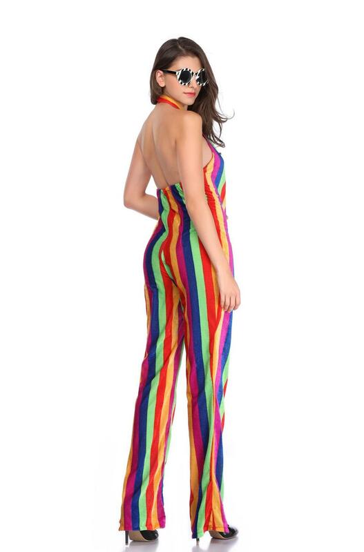 Rainbow Striped Sexy Beach Jumpsuit For Women Off Shoulder Backless Wide Leg Romper Summer Halter Sleeveless One Piece Bodysuit