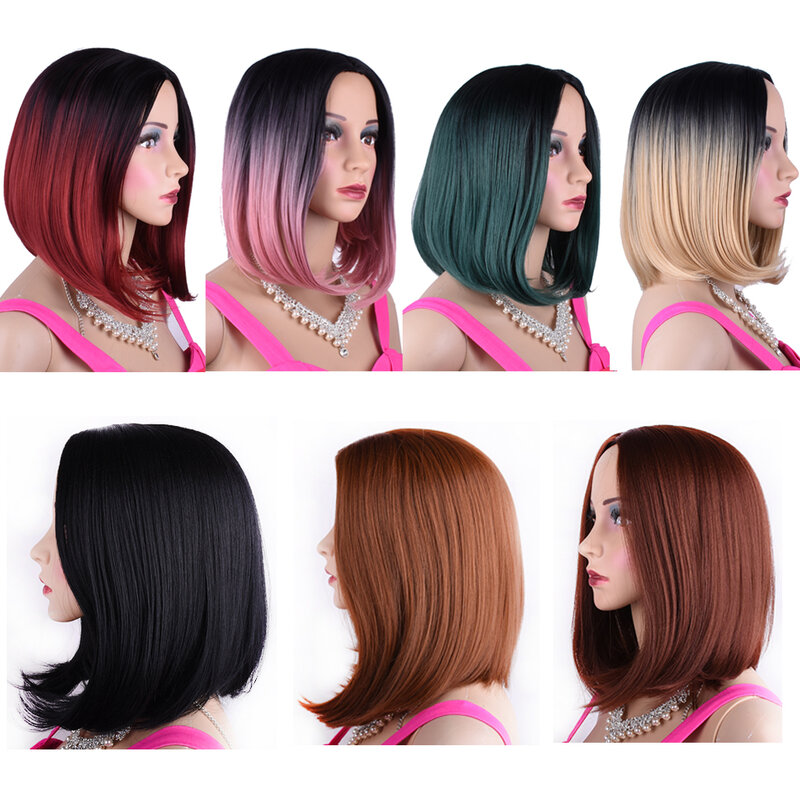 Peruca bob sintético feminina, peruca curta e lisa com ombré vermelha, resistente ao calor, loira, preta, marrom, borgonha e rosa