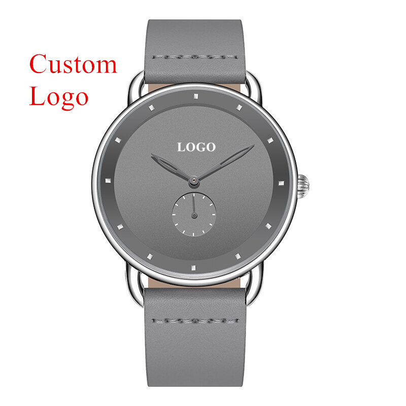 Cl039 personalizado oem marca reloj personalizado relógio de pulso cinza couro dos homens relógios em relógios de pulso