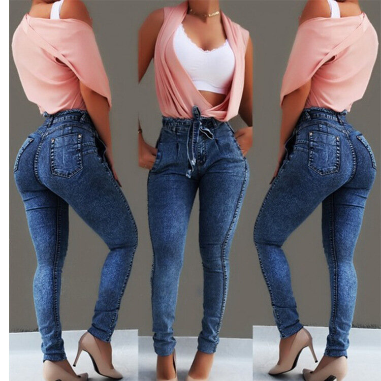 2020 new women's high waist jeans women's street bandage jeans XL jeans ladies pencil pants skinny jeans