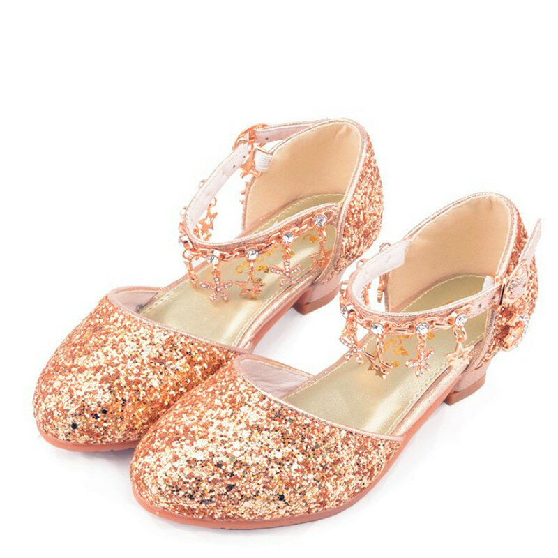 Talla 26-38 nueva chica tacones altos niños 18 K chapado en oro cadena de cristal moda princesa zapatos niñas zapatos de baile para banquete de boda