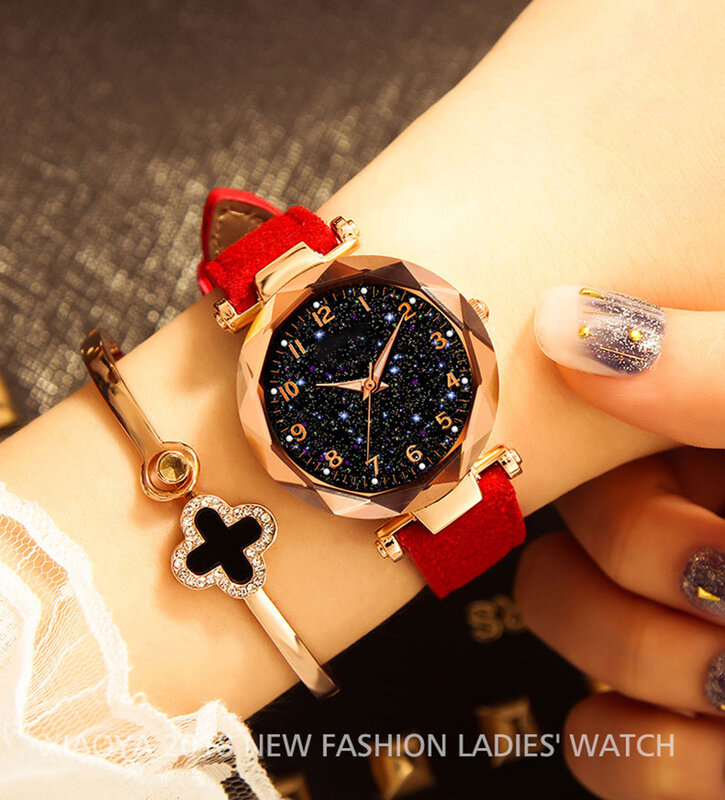 Reloj de lujo cielo estrellado para mujer reloj de pulsera de cuarzo para mujer reloj de pulsera de cuero rojo a prueba de agua reloj femenino zegarek damski