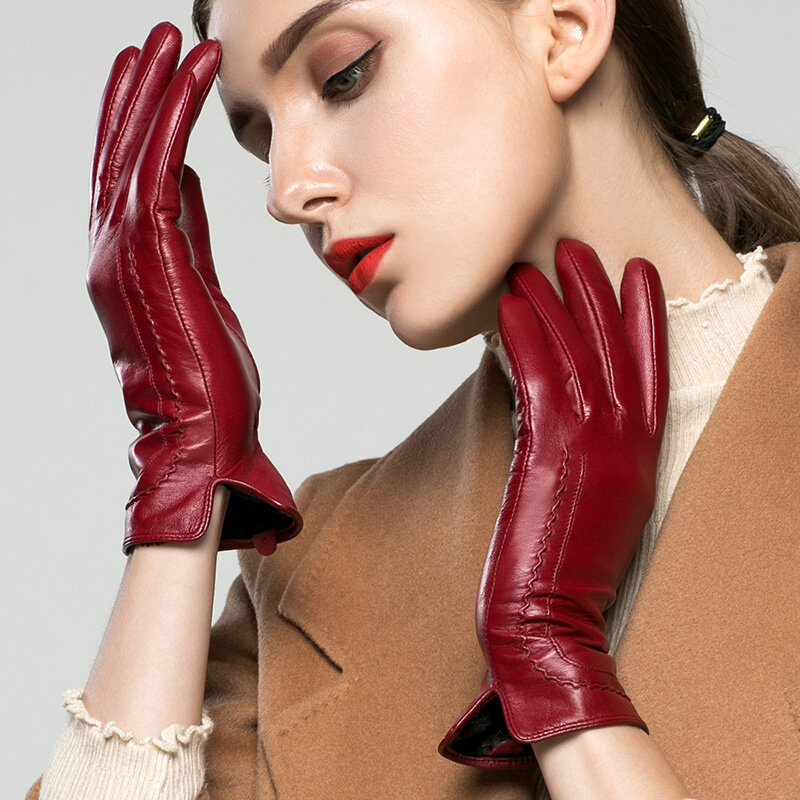 Klss本革の女性のファッションエレガントな高品質ゴートスキン手袋秋冬はウォームタッチスクリーンオプション31