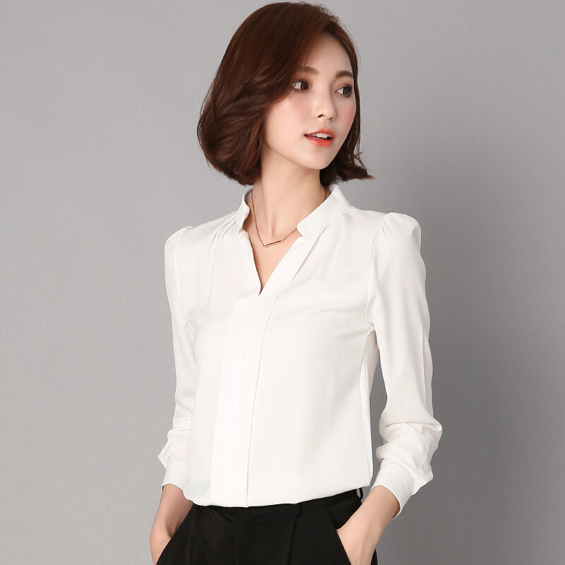 Gkfnmt-Blusa de manga larga con cuello en V para mujer, camisa elegante para oficina, color blanco, 2018