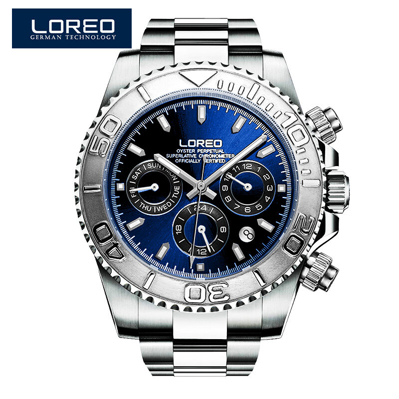 LOREO-Reloj de pulsera para hombre, accesorio de pulsera resistente al agua hasta 200m, de lujo, de alta gama, automático, con espejo de zafiro, calendario luminoso, 24 horas