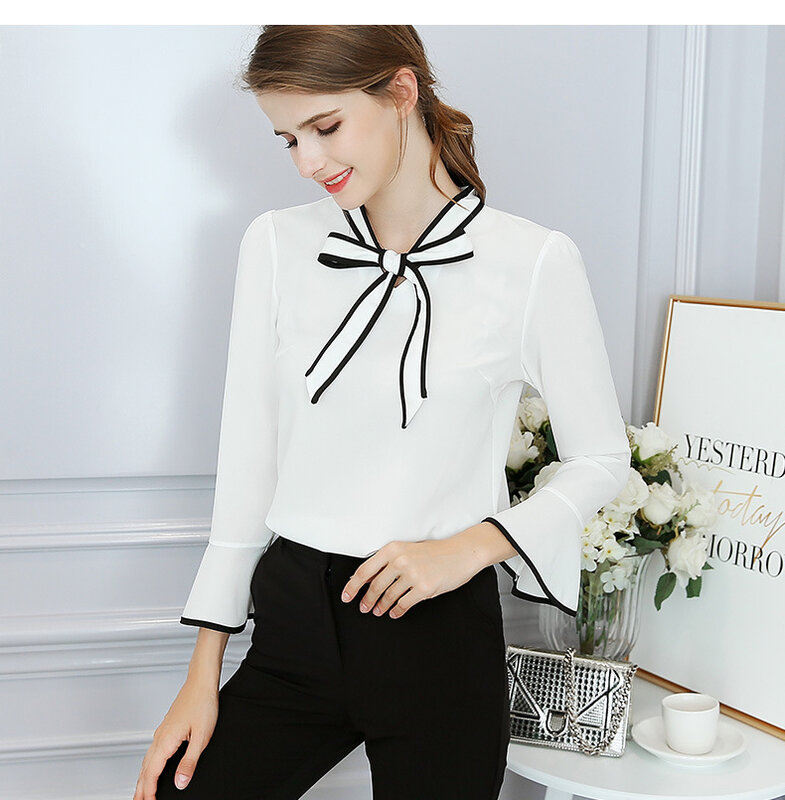 Весенне-летняя шифоновая рубашка, Офисная Женская новая Корейская однотонная блузка, женская модная повседневная элегантная верхняя одежда с бантом, H9120