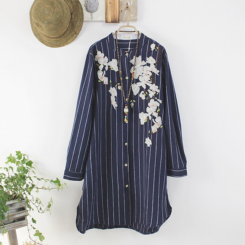 Vestido camisero de lino y algodón con bordado Floral para mujer, vestidos largos holgados, ropa informal Vintage para primavera y verano, talla libre, SW-021