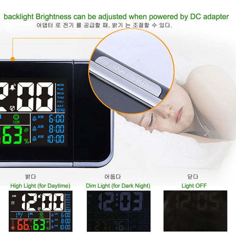 Ide Hadiah Warna-warni LED Proyeksi Digital Jam Alarm Suhu Termometer Kelembaban Higrometer Meja Waktu Proyektor Kalender