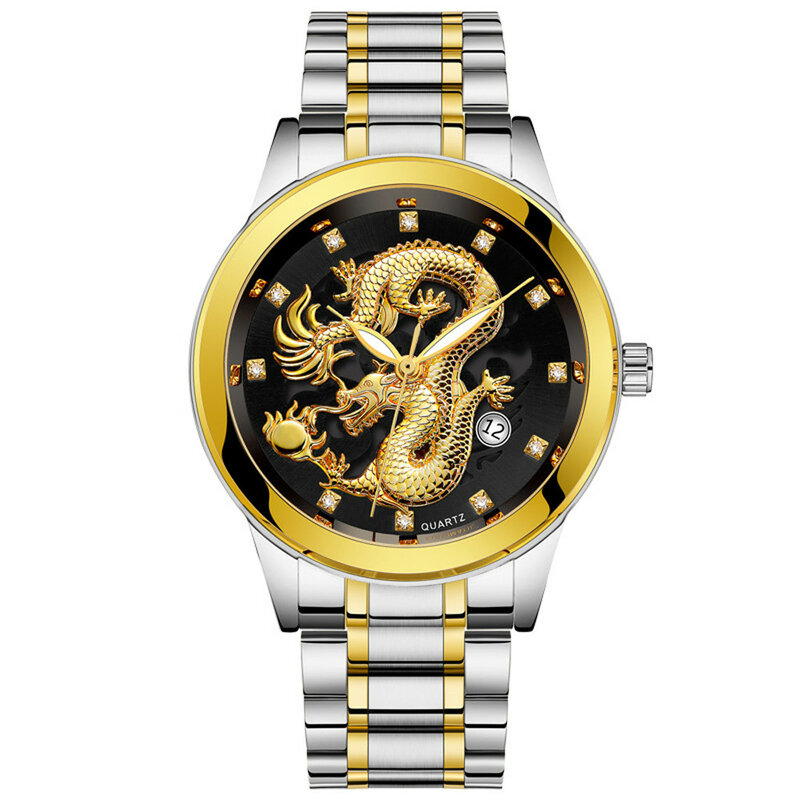 Relógio de Ouro dos homens de luxo À Prova D' Água de Prata Dragão Esqueleto de Aço Inoxidável Relógio de Quartzo Relógios De Pulso Para Homens de Negócios do Sexo Feminino