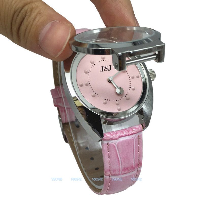 Relógio Tátil Para Deficiência Visua, Mostrador Rosa, Pulseira De Couro Rosa