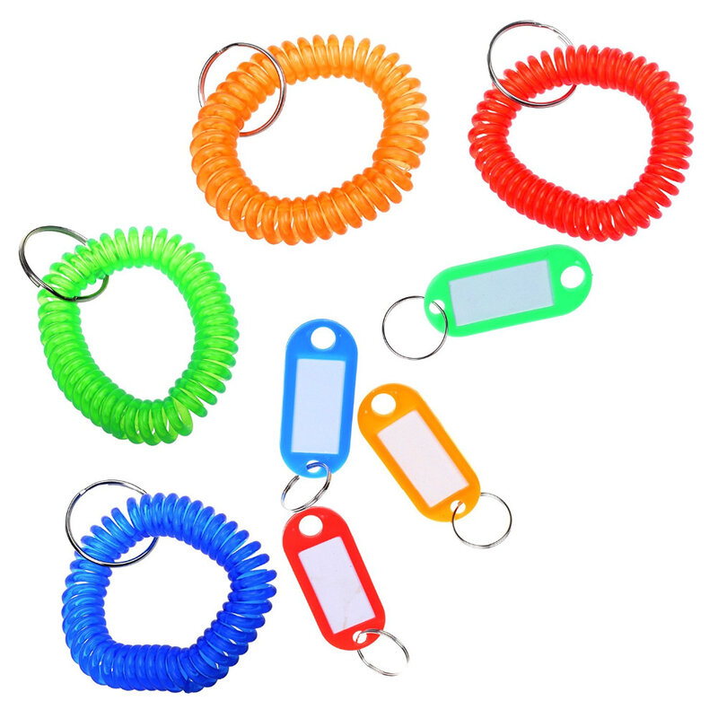 20 peças etiquetas de chave codificadas coloridas sortidas com janela de etiqueta + 20 peças cores sortidas plástico bobina de pulso pulseira chaveiro de pulso