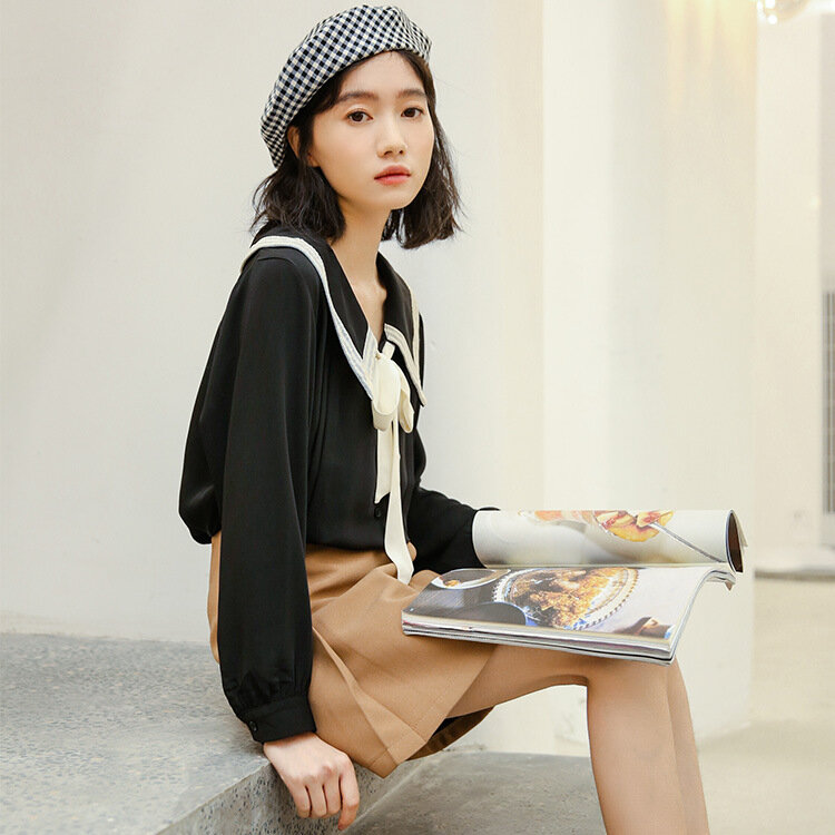 Camisa de gasa de Primavera Verano de manga larga blusa Bowknot Top estudiante chica coreana dulce Chic elegante estilo Preppy Tops H9164