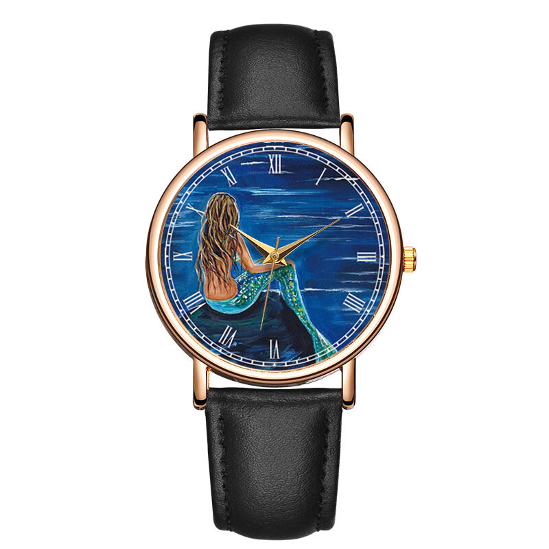 Classic Fashion mermaid Quartz Wrist Watch Leather Men Women  Charm Bracelet Watch relogio masculino