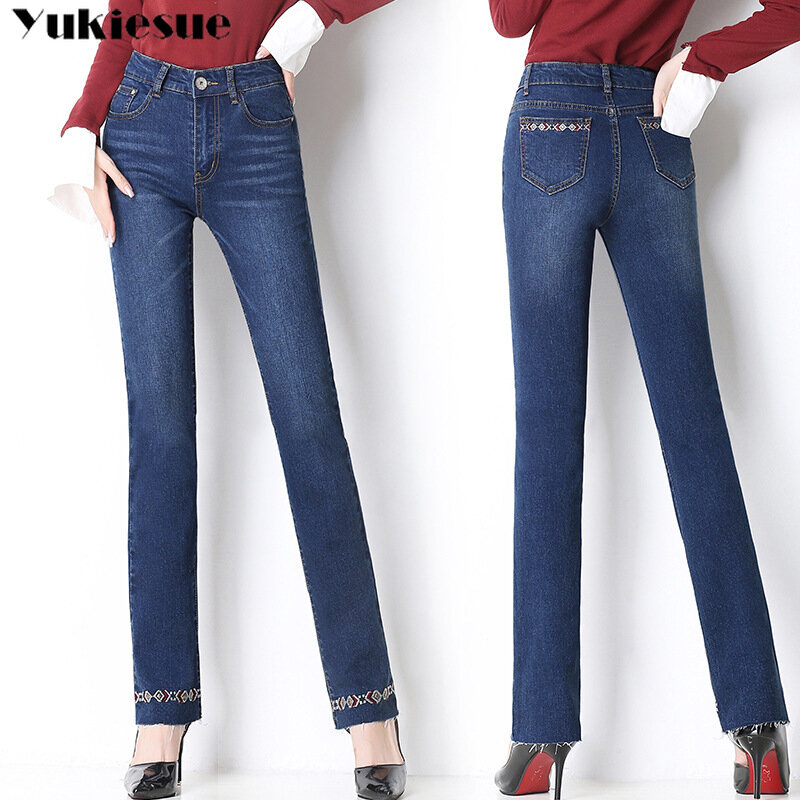 Джинсы стрейч с вышивкой для женщин, зимние прямые джинсы с высокой талией, женские джинсовые брюки, женские джинсы, зимние