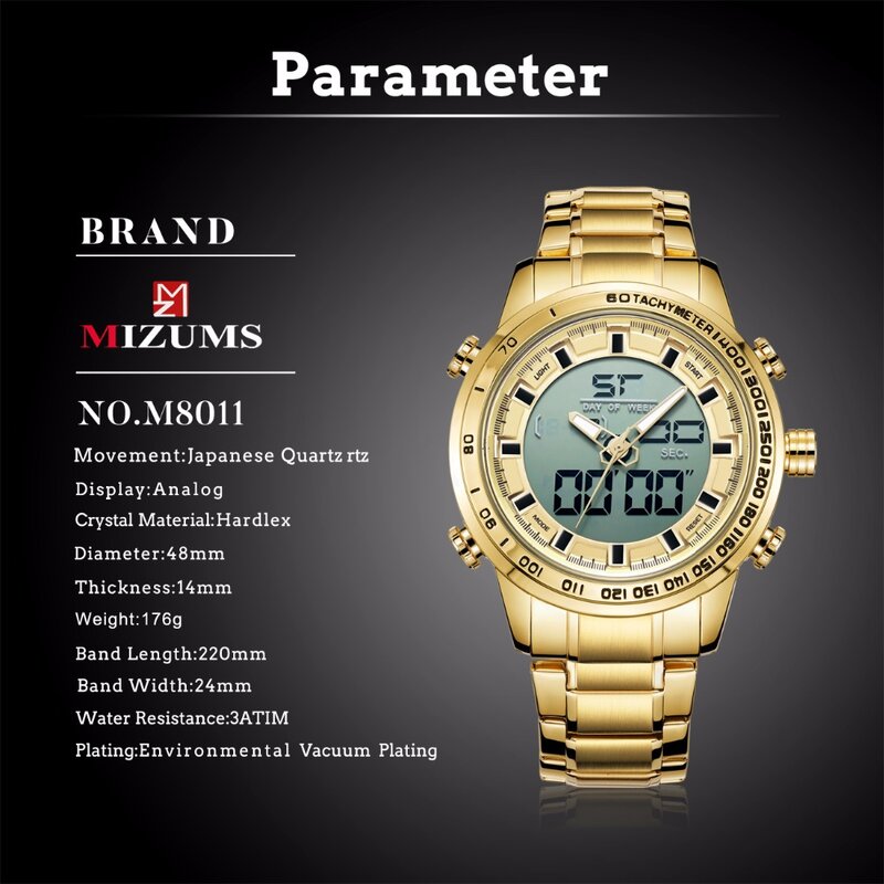 MIZUMS-reloj Digital de lujo para hombre, cronógrafo deportivo de cuarzo, de acero dorado, resistente al agua, estilo militar, 2023