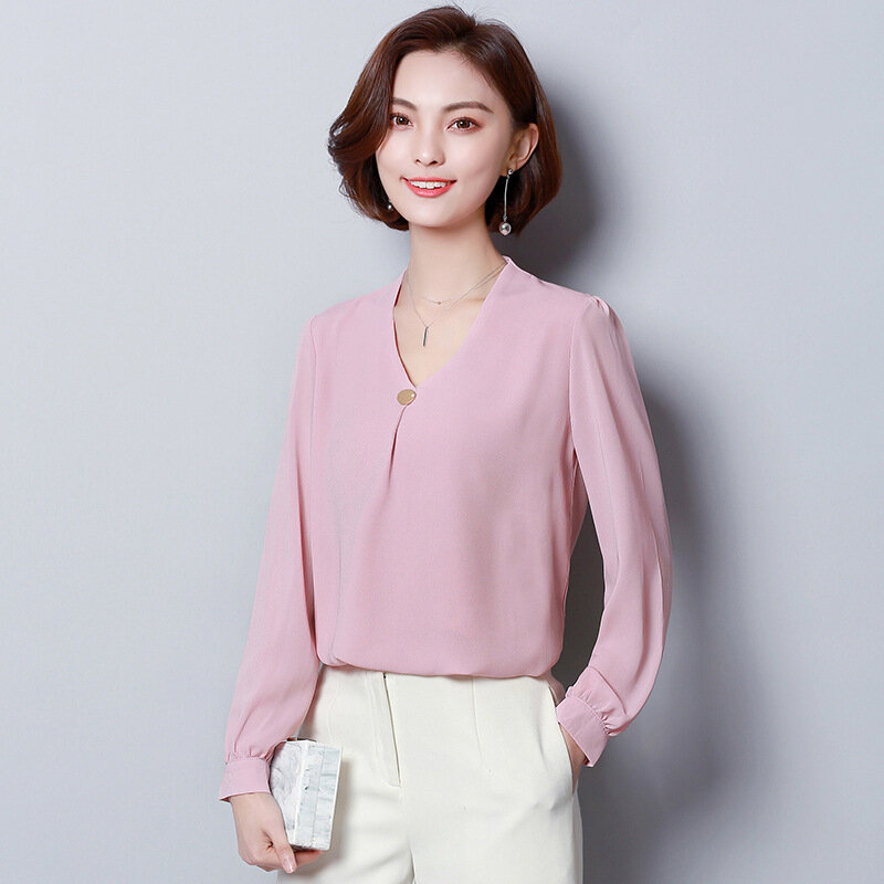 Spring Autumn Chiffon Shirt Large Size Lady Long Sleeve V-collar Pure Color Blouses Women Loose Fashion Bottom Shirts Top H9040