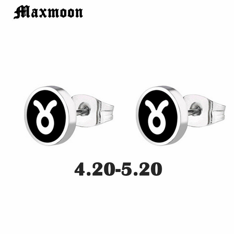 Maxmoon-남성용 귀걸이, 열두 별자리 황소 자리, 남성 스테인레스 스틸 귀 클립 스터드 이어링 남성 쥬얼리