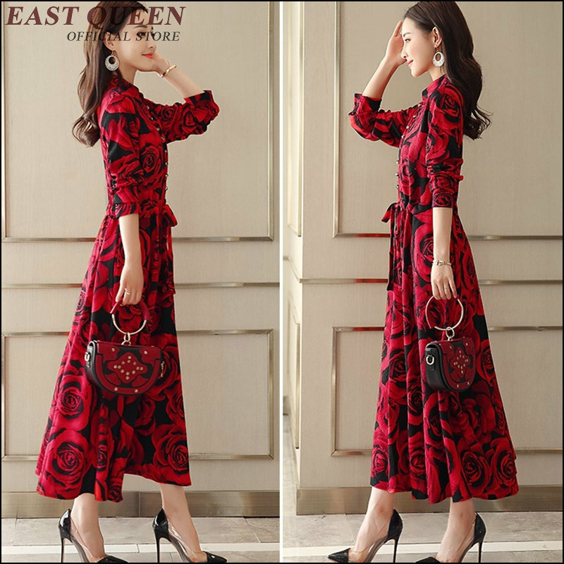 Autumn women dress bodycon full sleeve bud sashes floral print mid-calf mandarin collar tunic elegant ladies dresses AA3488 L