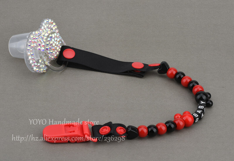 MIYOCAR Personalised -Any name Hand made funny black and red beads dummy clip dummy holder pacifier clips soother chain for baby