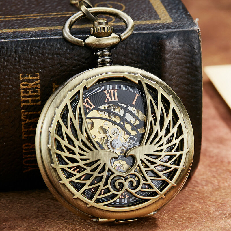 Lusso Golden Love Wings orologio da tasca meccanico uomo donna catena da tasca Design unico vuoto scheletro doppio lato orologi a carica manuale