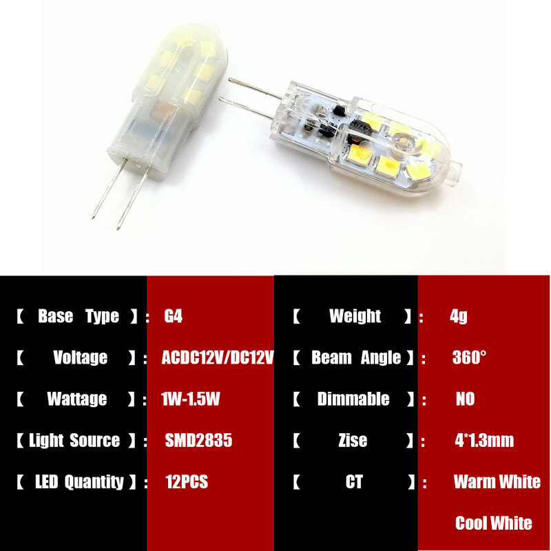 Mini ampoule G4 Led, projecteur 12LED Smd2835, lampe à Angle de faisceau 360 laiteux, lampe de remplacement halogène, Acdc12V