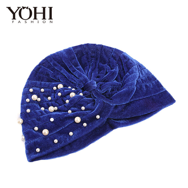 Sombrero indio de terciopelo para mujer, Turbante cálido con cuentas de perlas, Hijab, moda retro, invierno, nuevo
