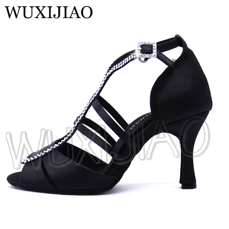 Wuxijiao Baru Putih Satin Latin Wanita Salsa Berlian Imitasi Sepatu Menari untuk Wanita Ballroom Menari Sepatu Tumit 5 Cm -10 Cm