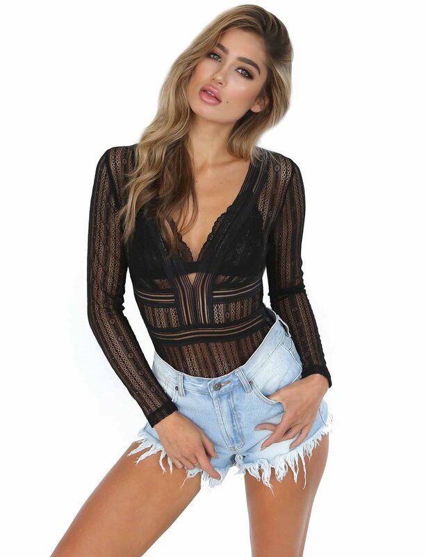 2018 Summer Slim Sexy V-neck Lace Hollow Out Bodysuit Long-sleeved Women Tops Jumpsuit