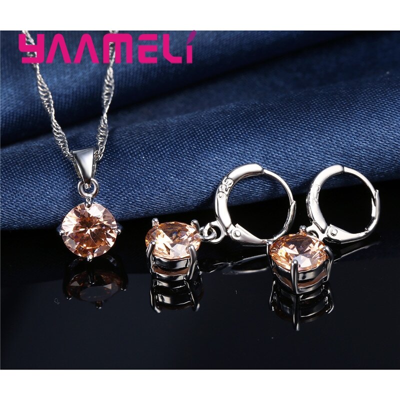 New Fashion Women Wedding Jewelry Sets 925 Sterling Silver  4 Claw CZ Crystal Necklace Dangle Earrings For Wedding