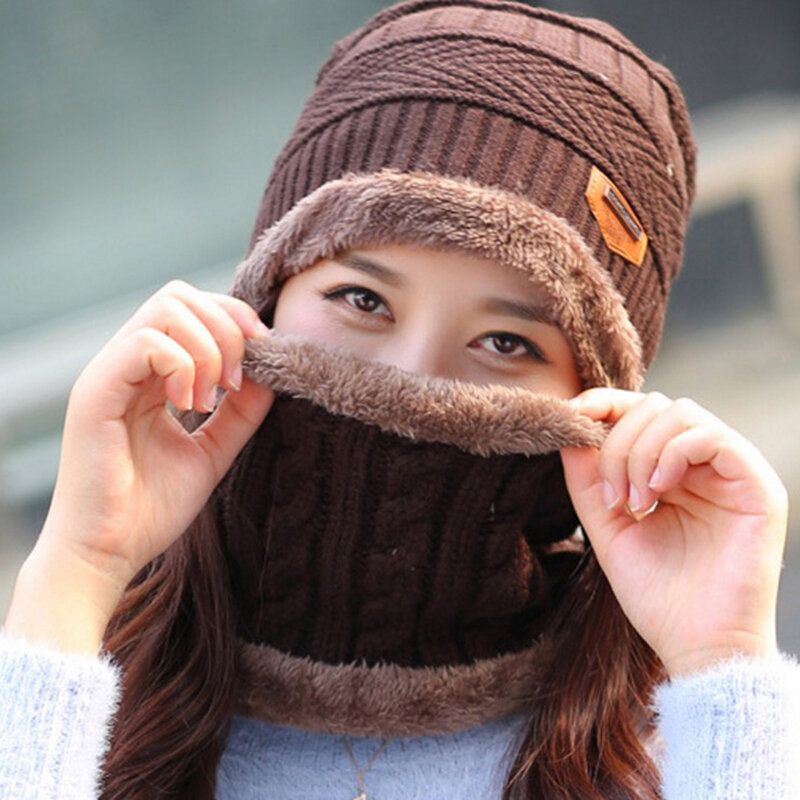 Зимняя теплая вязаная мешковатая Шапка-бини, лыжный набор из шапки и шарфа для мужчин и женщин, модная шапка-шарф