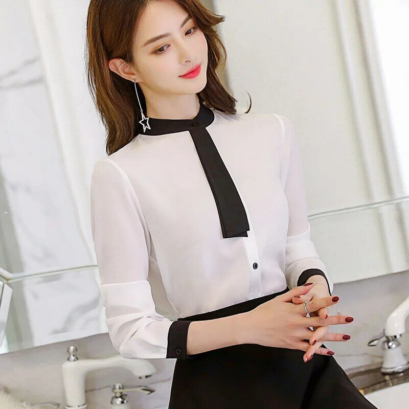 Musim Semi Musim Panas Wanita Blus Sifon Wanita Korea Leisure Tipis Atas Kantor Wanita Lengan Panjang Fashion Kemeja Kerja Pakaian H9071