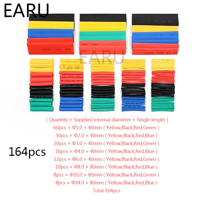 164pcs Set Polyolefin Shrinking Assorted Heat Shrink Tube Wire Cable Insulated Sleeving Tubing Set