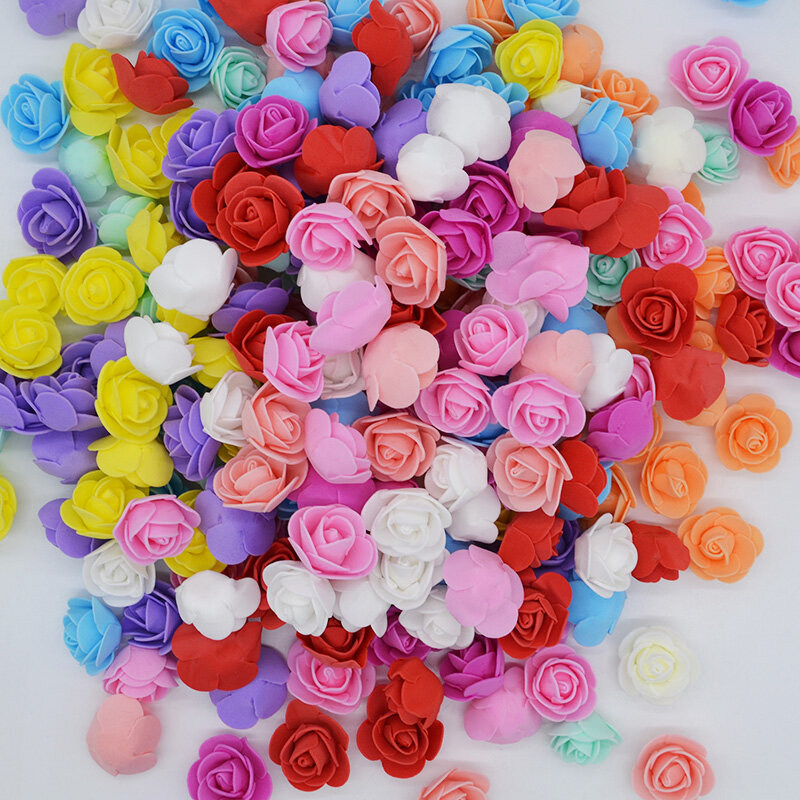 100Pcs 3cm Mini Artificial Flower Head Fake Foam Multicolor Rose Wedding Decoration DIY Wreath Scrapbooking Box Gift Supplies