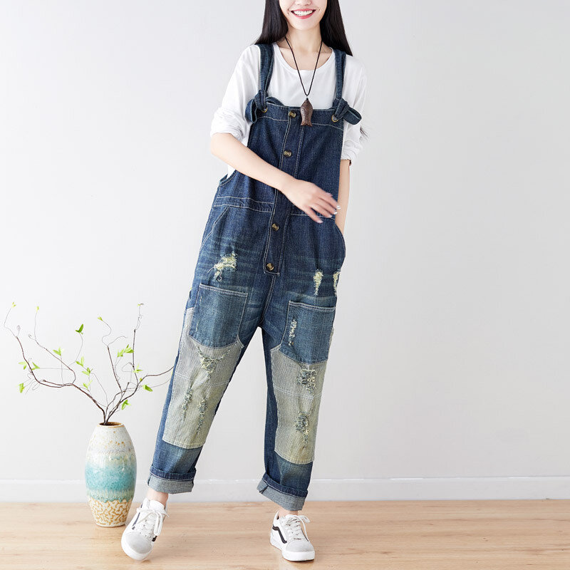 New-2019 nữ mới mùa xuân cộng với kích thước bình thường khâu vá quần jean và với làm cũ lỗ loose wide- chân quần