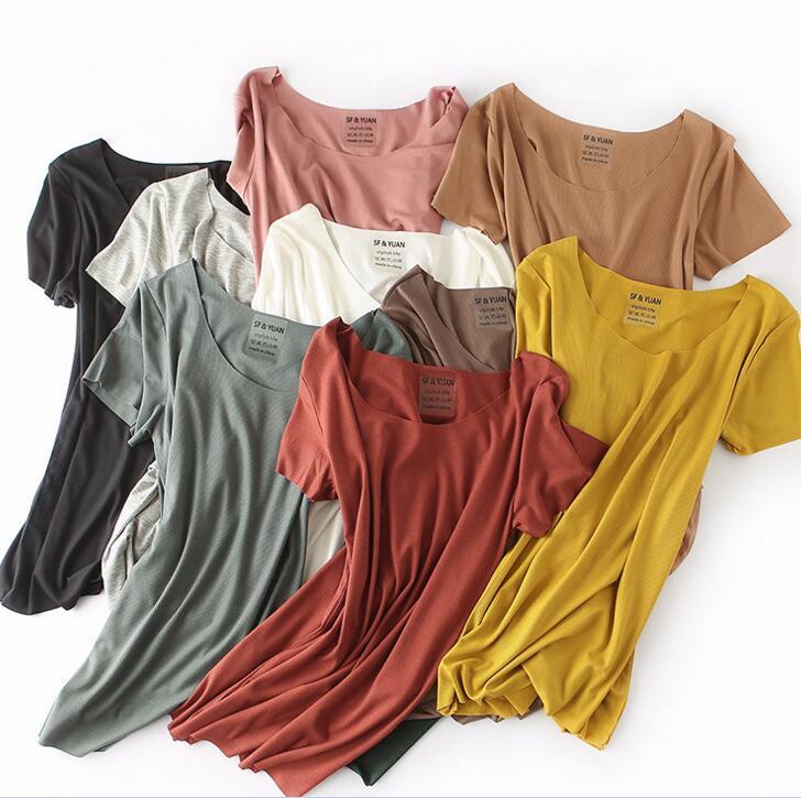 Летние однотонные базовые футболки для женщин с высокой талией, облегающие футболки свободного кроя с круглым вырезом, топы с короткими рук...
