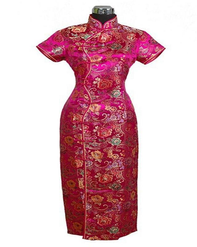 Mode schwarz chinesische Frauen Satin Cheong-Sam lange Qipao Kleid Blume s m l xl xxl xxxl j0024