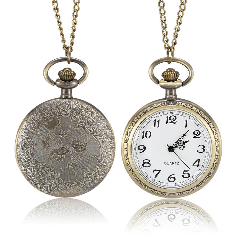 Reloj de bolsillo de cuarzo y bronce para hombre y mujer, estuche tallado con cadena, regalo de cumpleaños interesante vintage para el Día del Padre, 1 unidad