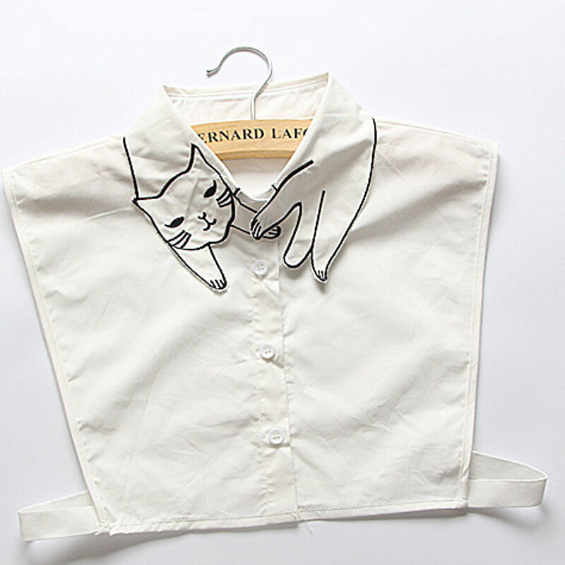 Collar falso Vintage original para mujer, cómodo, de algodón, transpirable, bordado de gato, albaricoque, suéter, desmontable