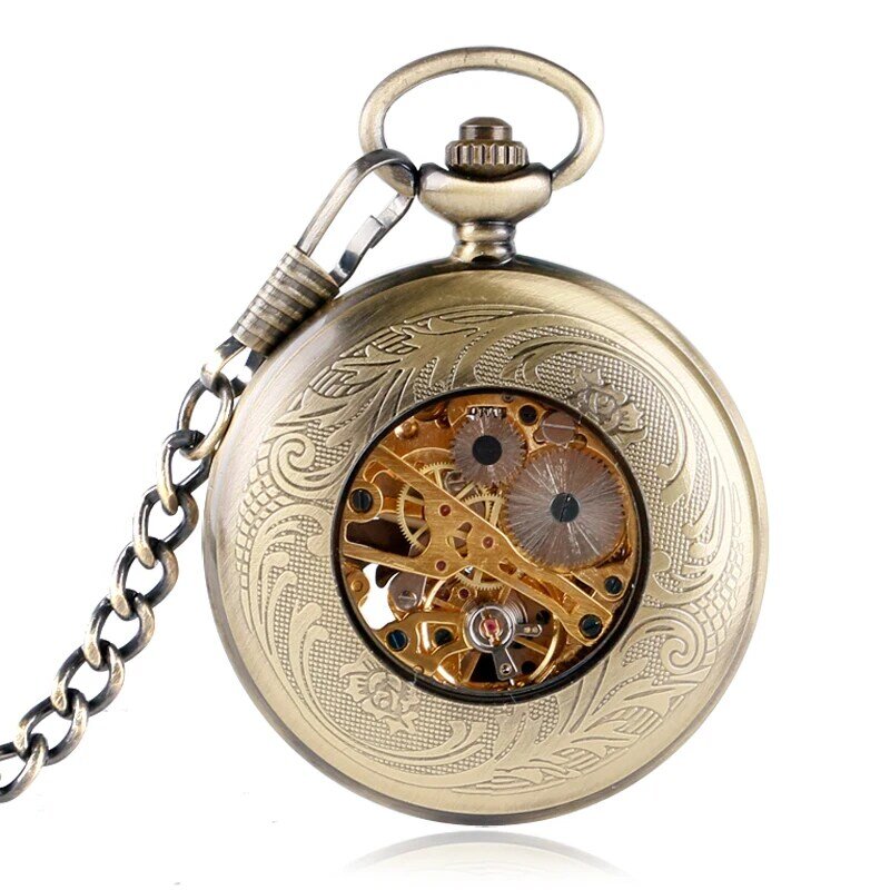 Jam tangan mekanis angin genggam perunggu untuk pria wanita, jam tangan saku motif Phoenix berongga dengan desain angka Romawi dan jam rantai liontin